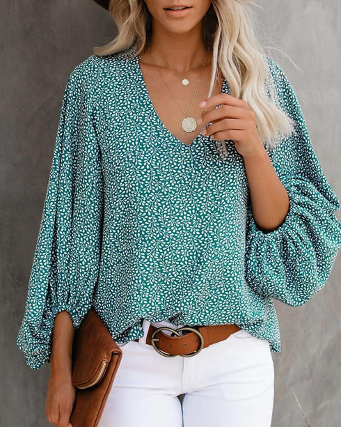 All Over Print Surplice Neck Lantern Sleeve Blouse